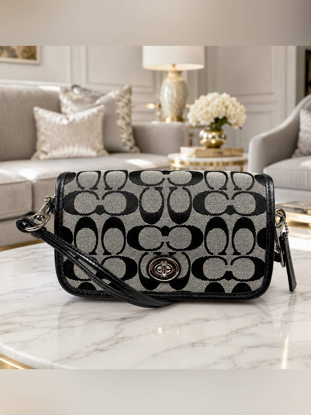 COACH Signature Turnlock Crossbody Black & Gray Jacquard